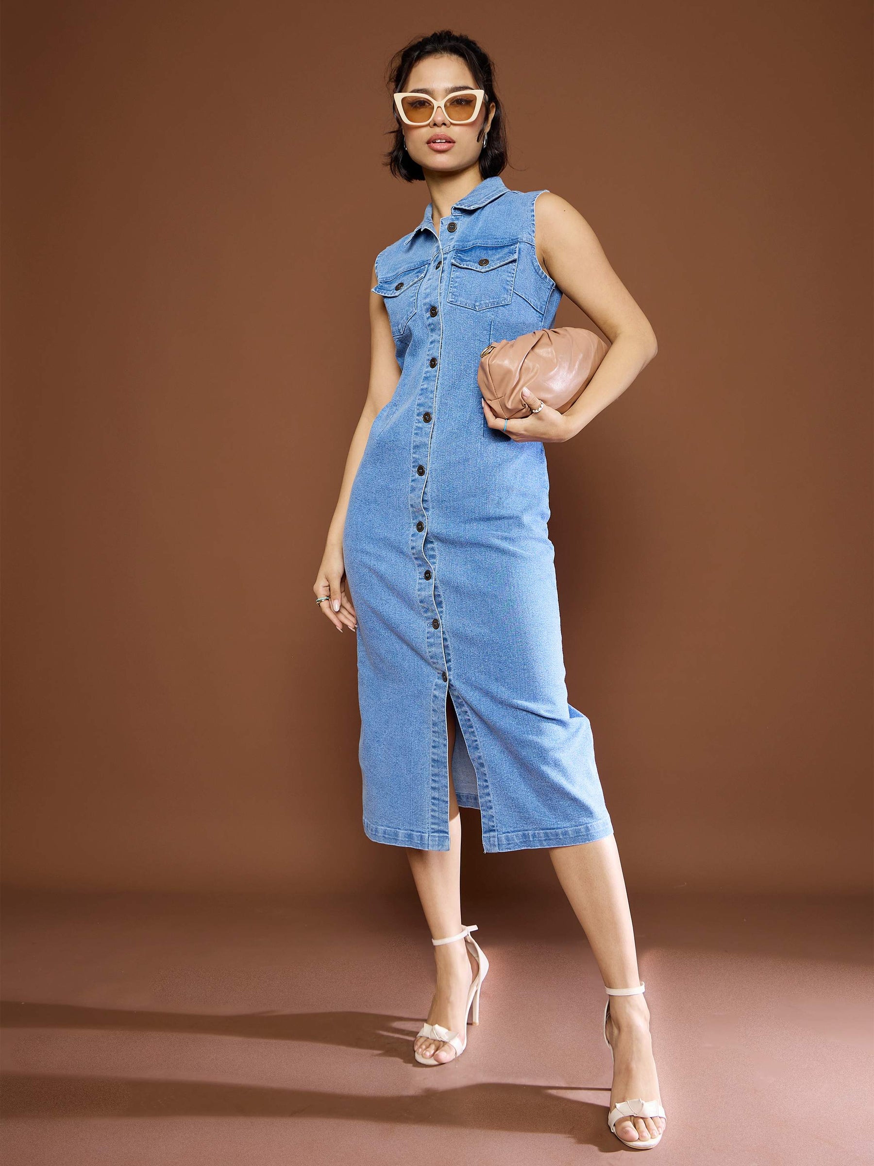 Blue Denim Front Button Midi Dress-SASSAFRAS