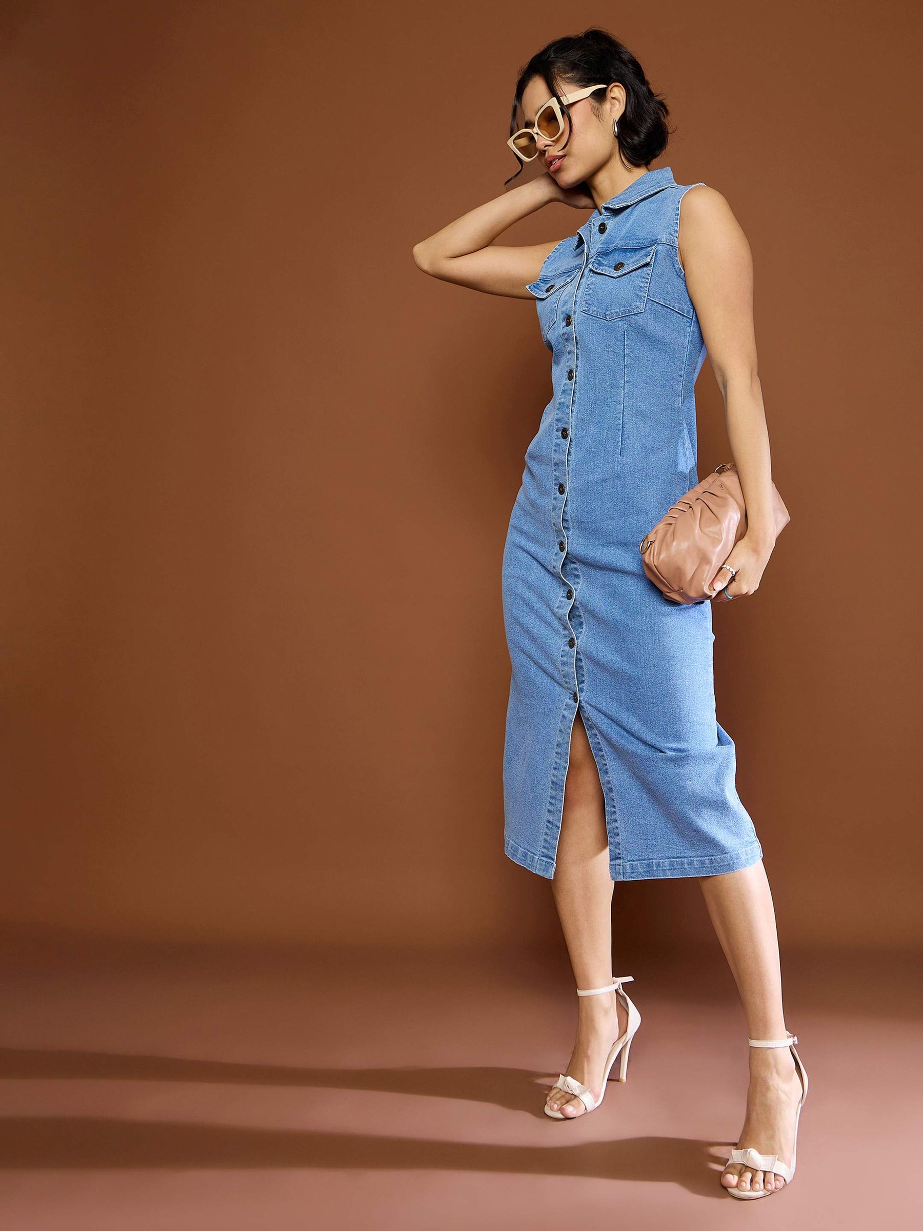 Blue Denim Front Button Midi Dress-SASSAFRAS