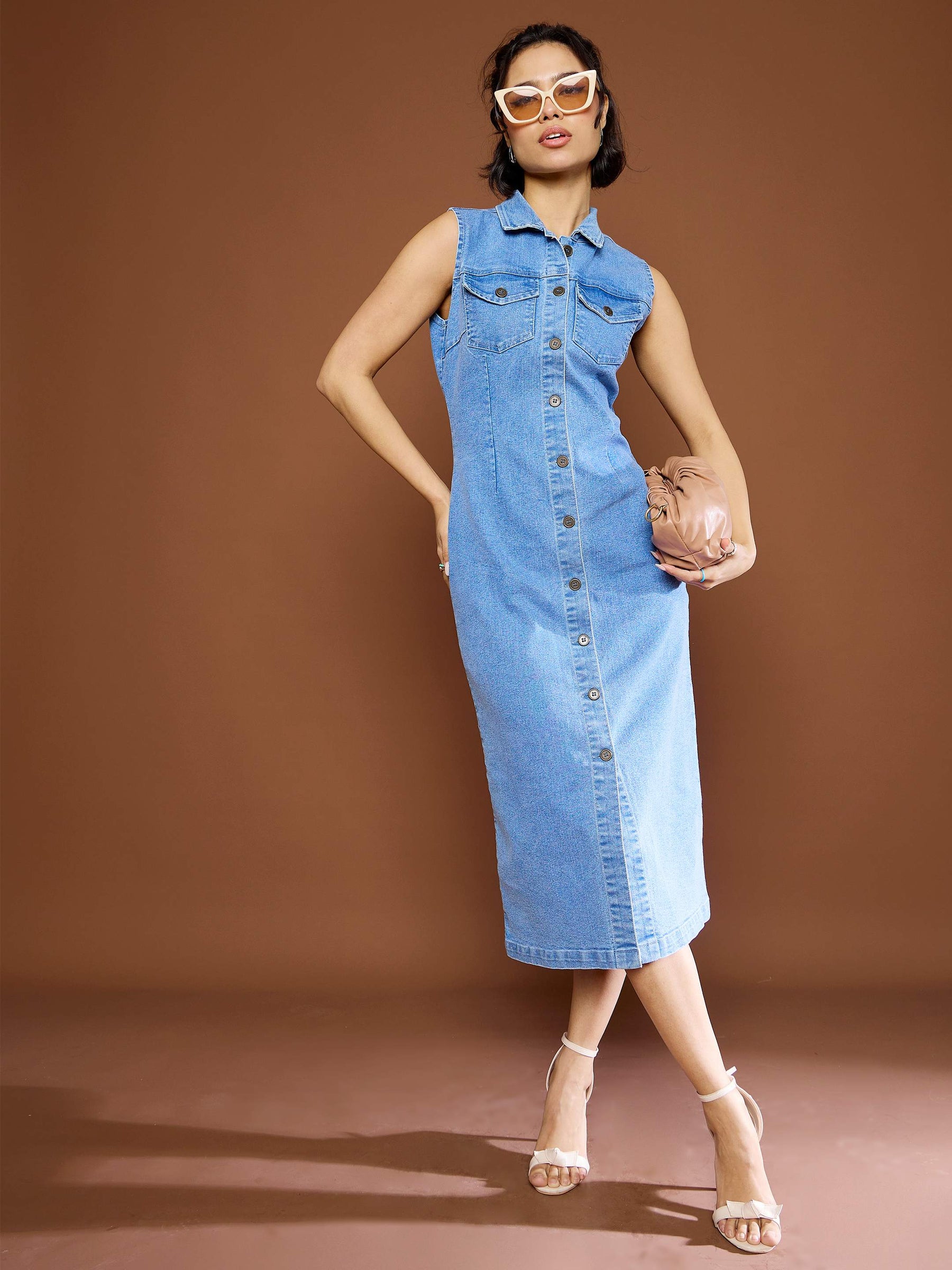 Blue Denim Front Button Midi Dress-SASSAFRAS