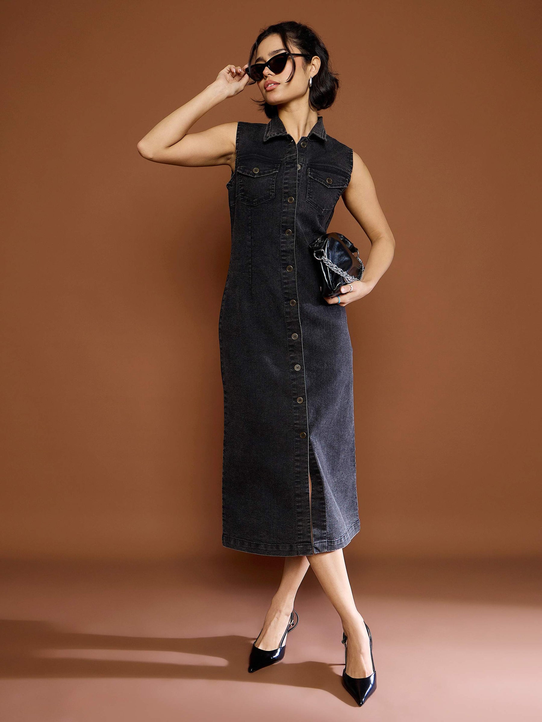 Black Washed Denim Front Button Midi Dress-SASSAFRAS