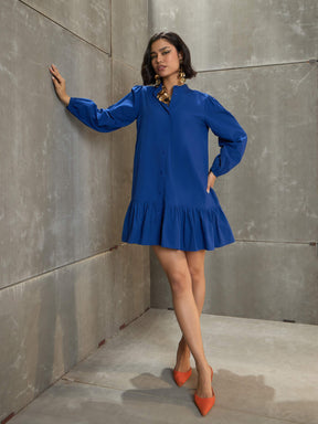 Royal Blue Poplin Frill Hem Short Dress-SASSAFRAS