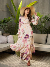 Off-White Floral V-Neck Flared Maxi Dress-SFDRSS12686