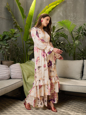 Off-White Floral V-Neck Flared Maxi Dress-SFDRSS12686