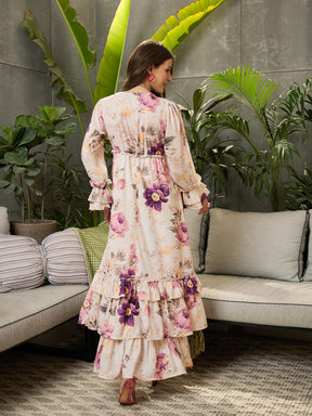 Off-White Floral V-Neck Flared Maxi Dress-SFDRSS12686