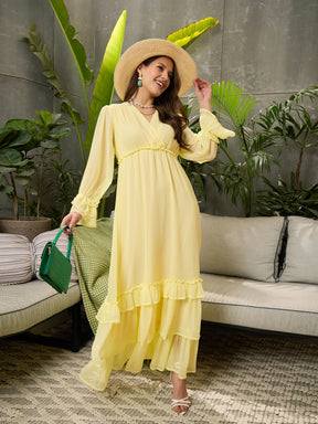 Yellow V-Neck Flared Maxi Dress-SFDRSS12687