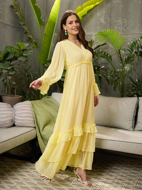 Yellow V-Neck Flared Maxi Dress-SFDRSS12687