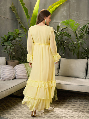 Yellow V-Neck Flared Maxi Dress-SFDRSS12687