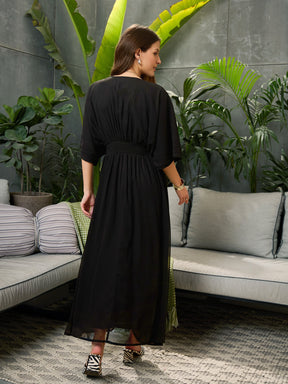 Black Kimono Sleeve Maxi Dress-SFDRSS12690