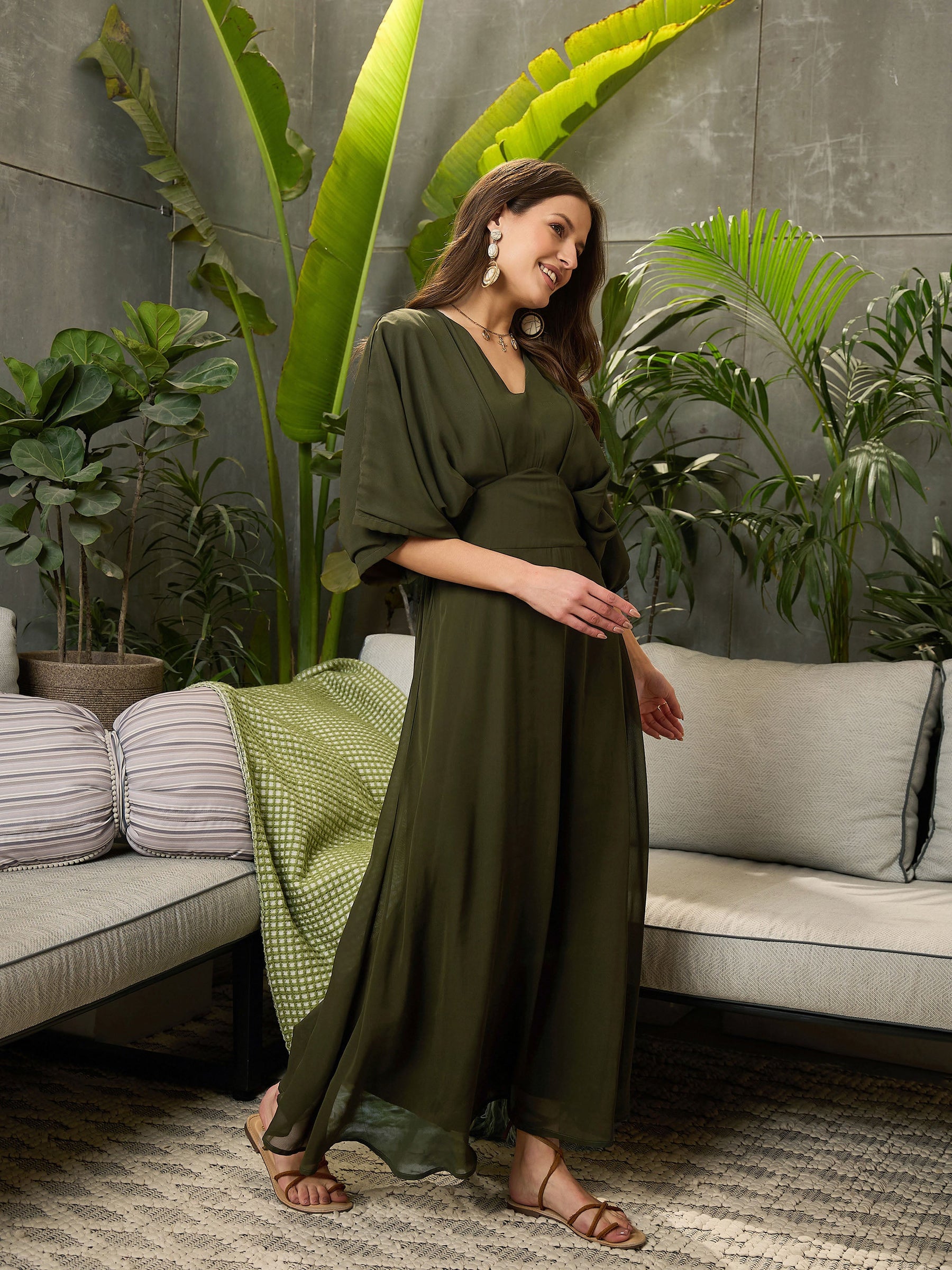 Olive Kimono Sleeve Maxi Dress-SFDRSS12691