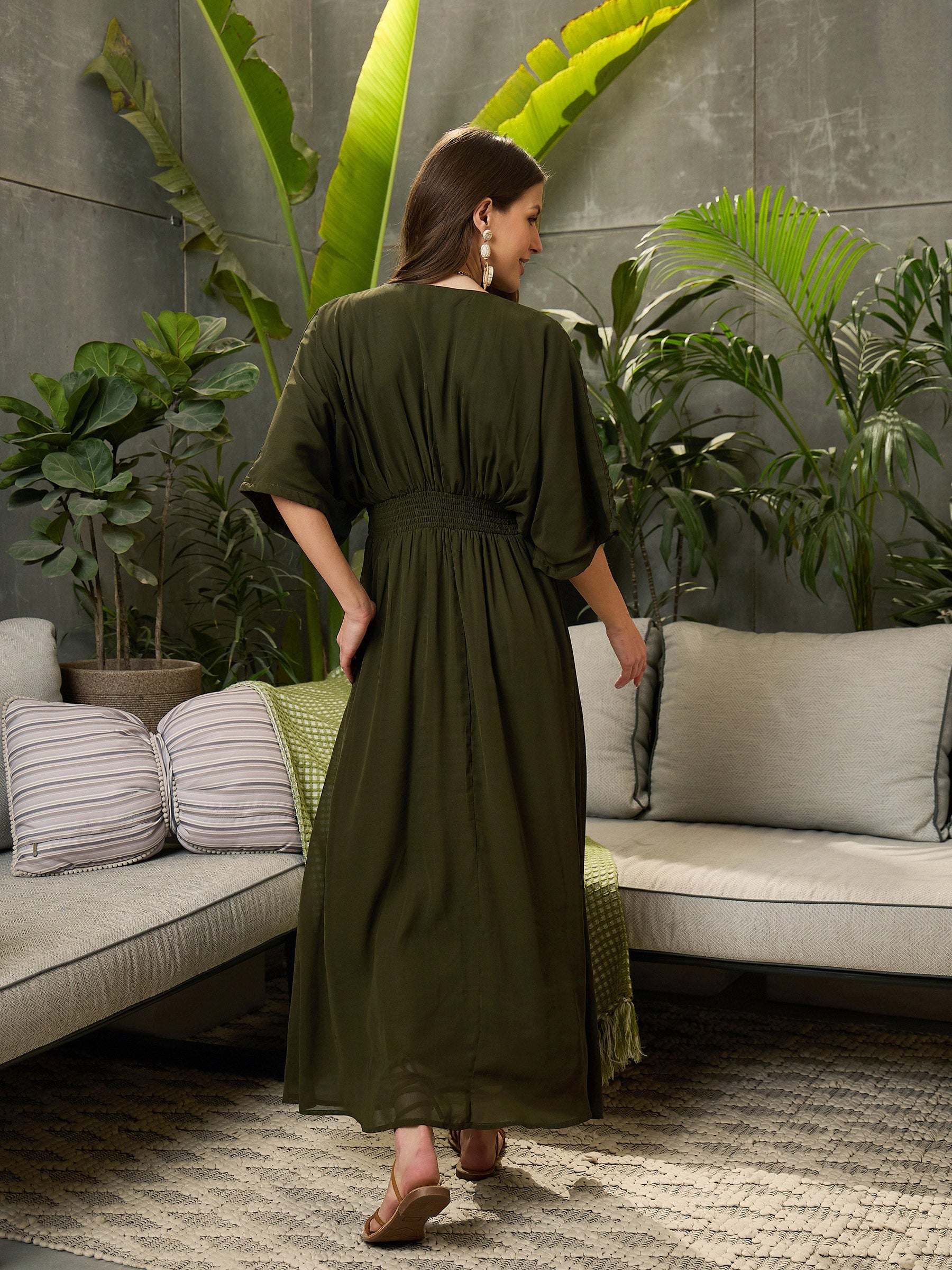 Olive Kimono Sleeve Maxi Dress-SFDRSS12691