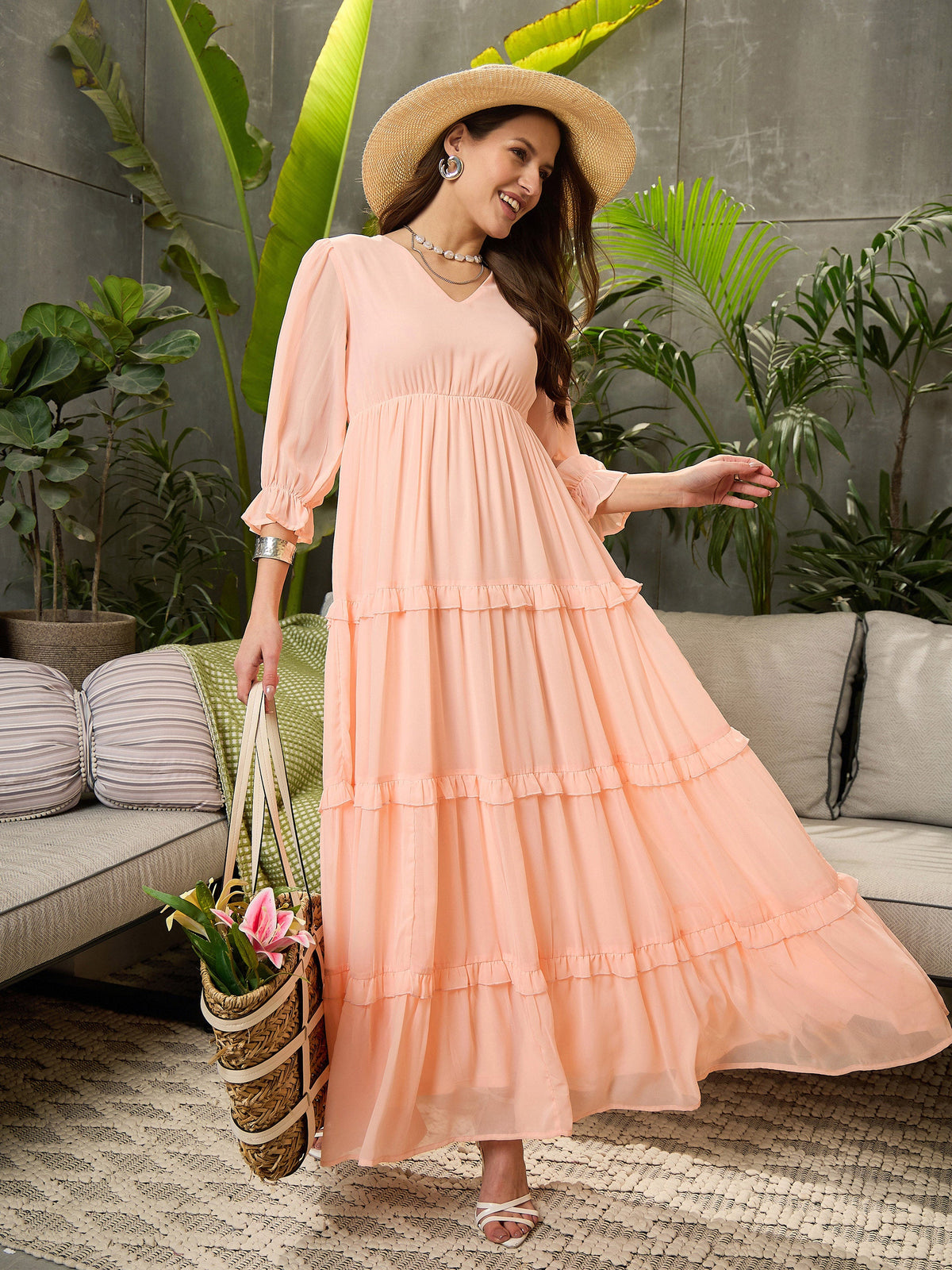 Peach V-Neck Tiered Maxi Dress-SFDRSS12694