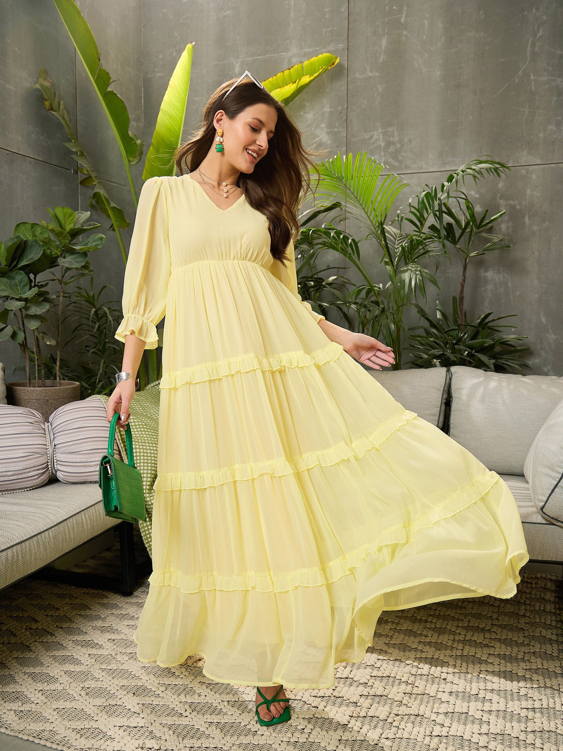 Yellow V-neck Tiered Maxi Dress-SFDRSS12695