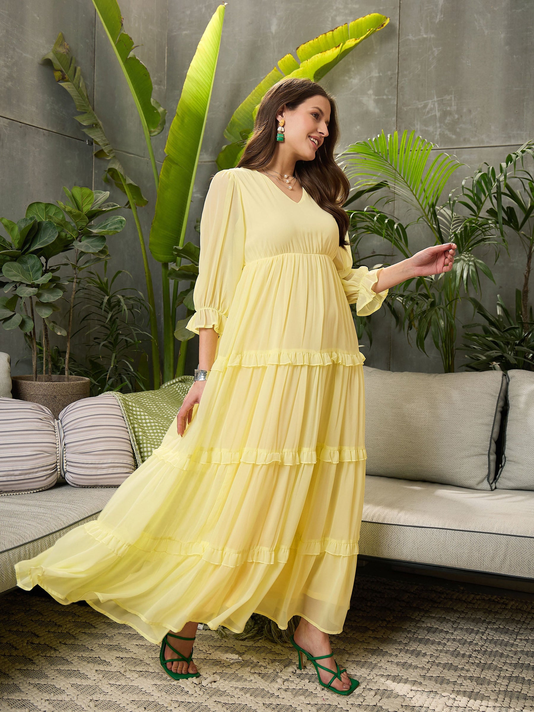 Yellow V-neck Tiered Maxi Dress-SFDRSS12695