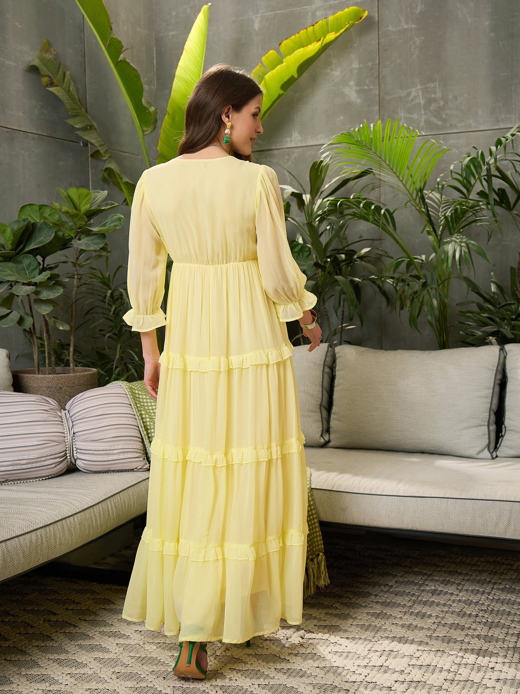 Yellow V-neck Tiered Maxi Dress-SFDRSS12695