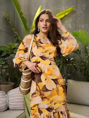 Yellow Floral Baloon Sleeve Midi Dress-SFDRSS12698