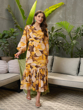 Yellow Floral Baloon Sleeve Midi Dress-SFDRSS12698