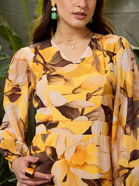 Yellow Floral Baloon Sleeve Midi Dress-SFDRSS12698