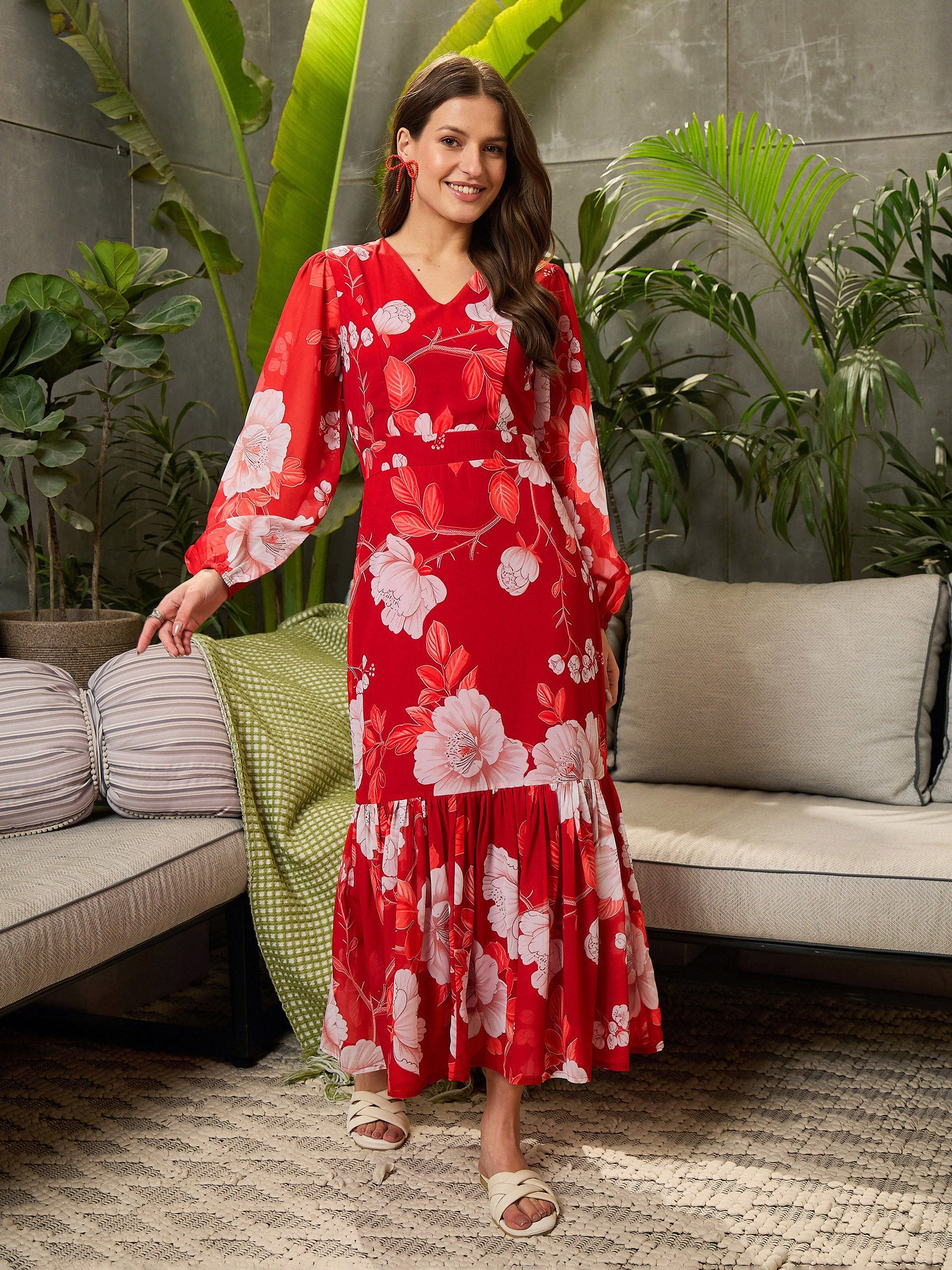 Red Floral Baloon Sleeve Midi Dress-SFDRSS12699