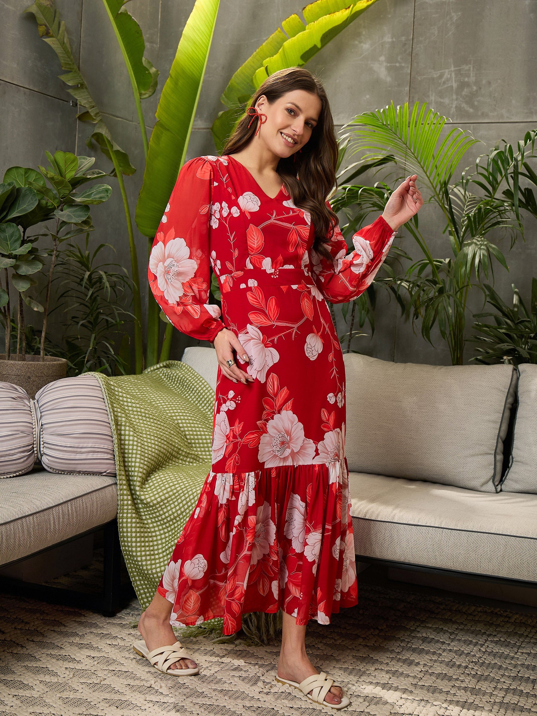 Red Floral Baloon Sleeve Midi Dress-SFDRSS12699