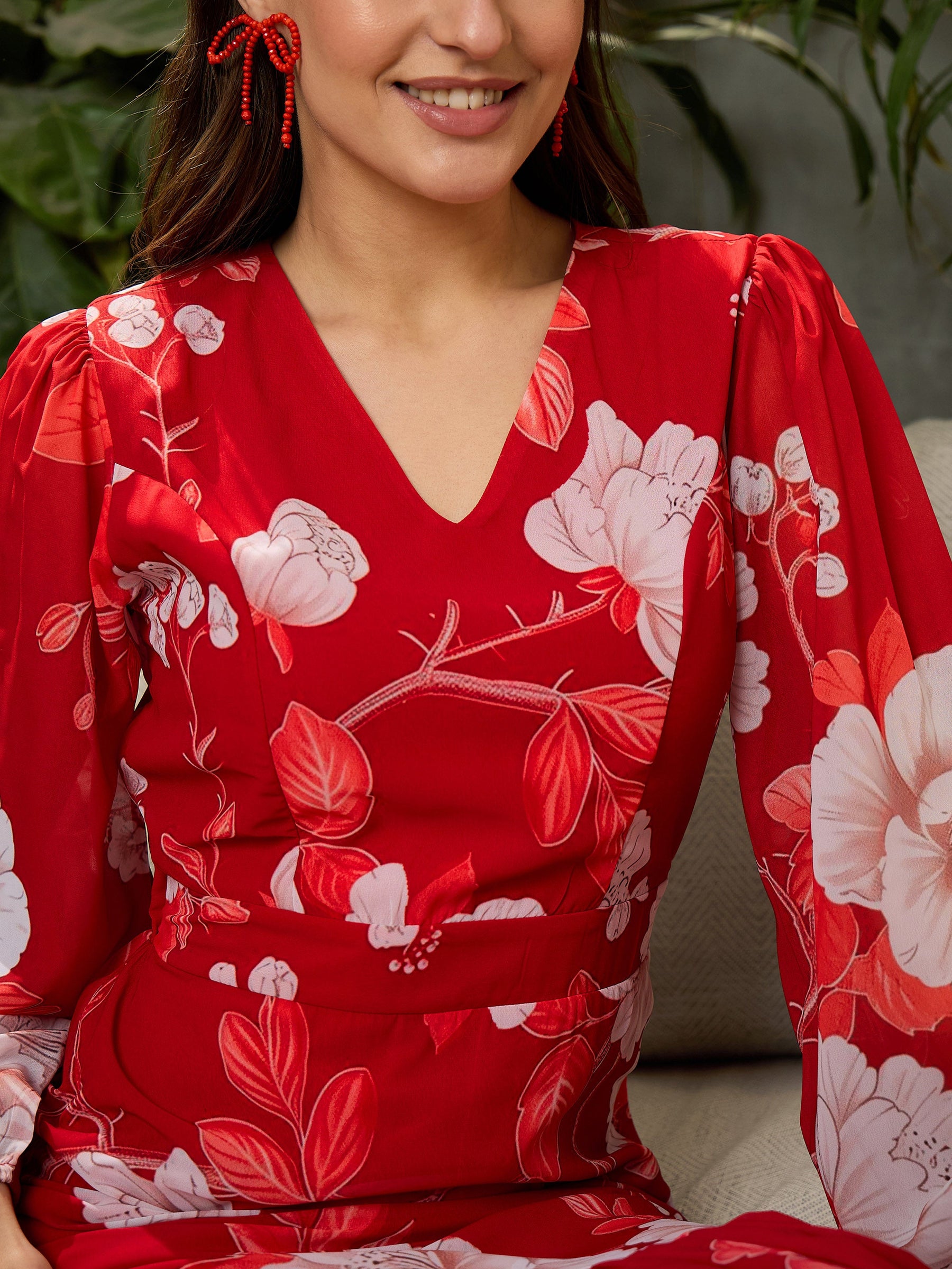 Red Floral Baloon Sleeve Midi Dress-SFDRSS12699