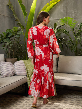 Red Floral Baloon Sleeve Midi Dress-SFDRSS12699