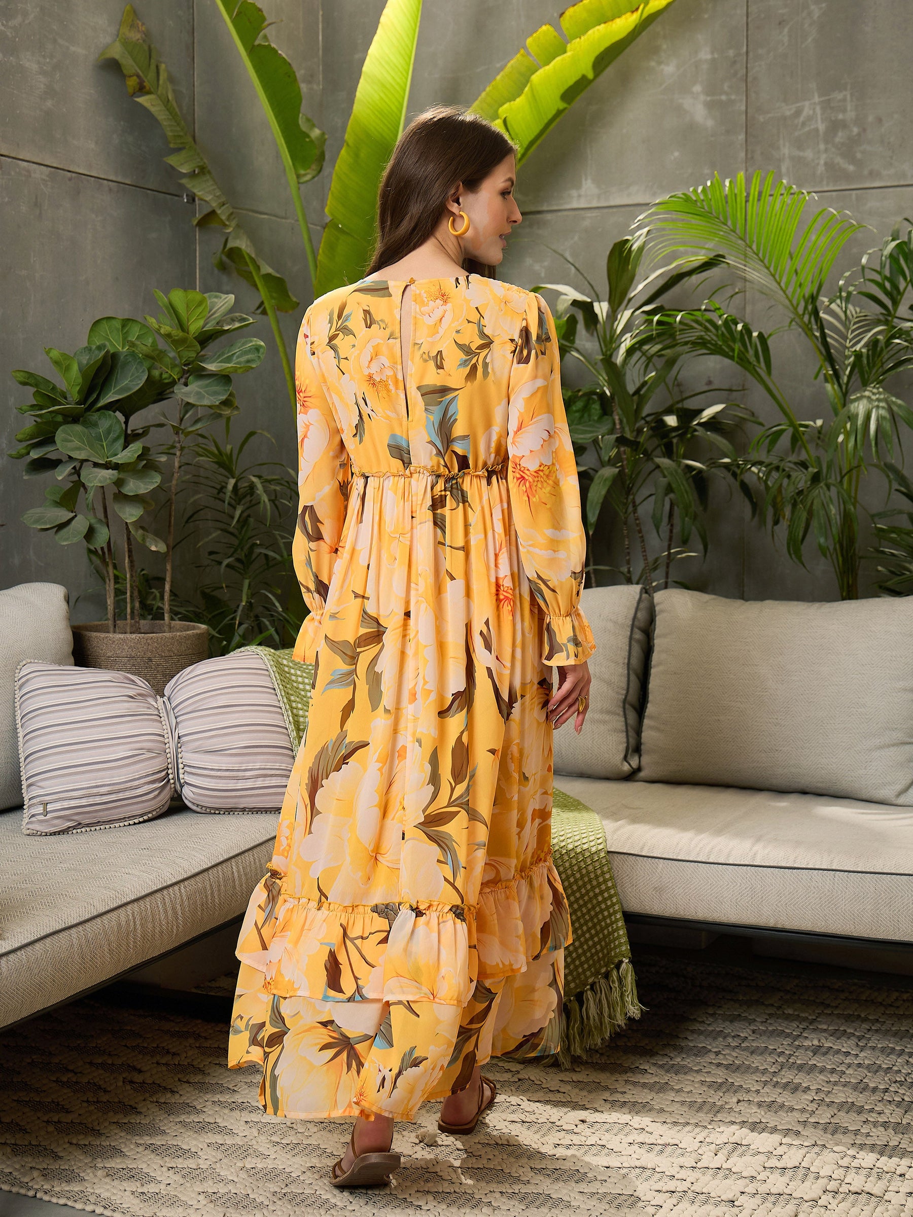 Yellow Floral Wrap V-Neck Maxi Dress-SFDRSS12700