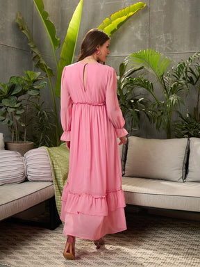 Pink Wrap V-Neck Maxi Dress-SFDRSS12701