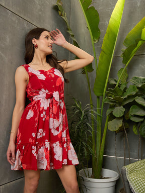 Red Floral Strappy Short Dress-SFDRSS12704