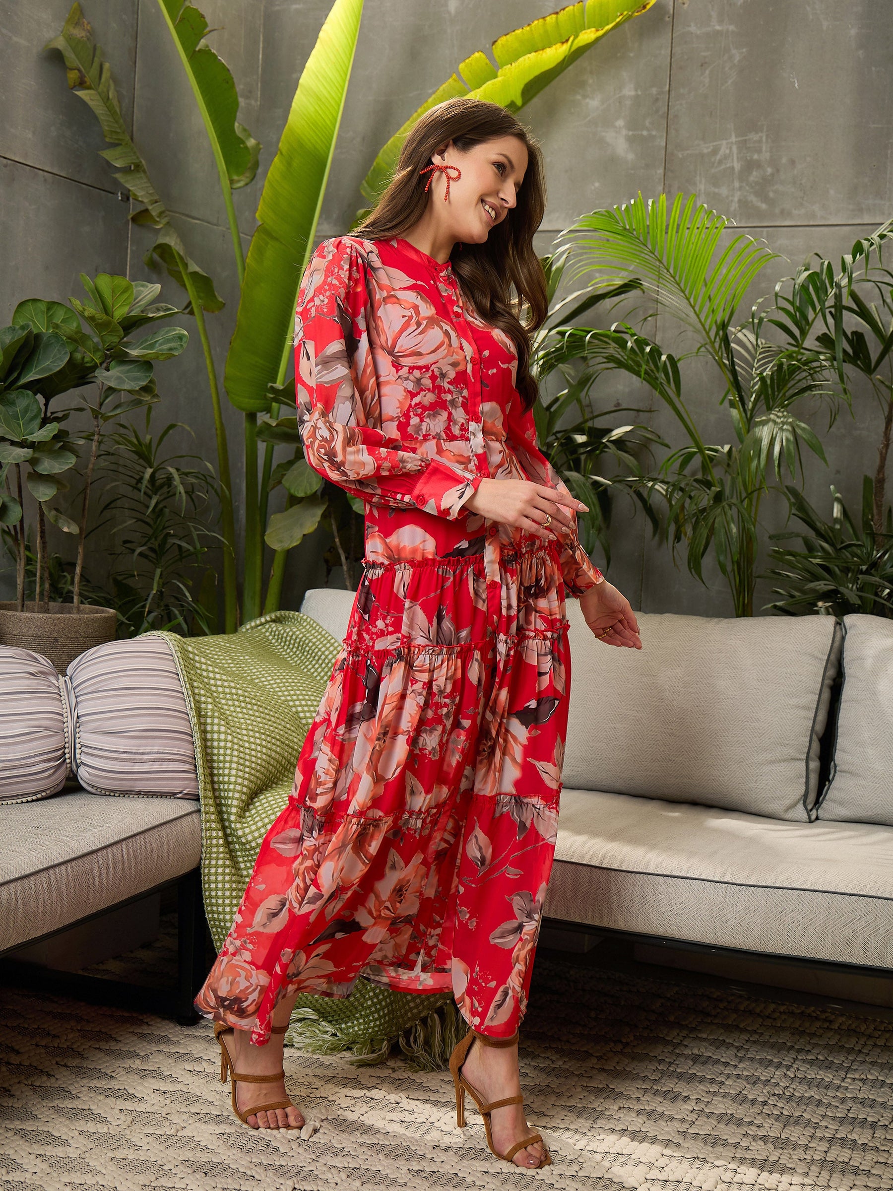 Women Red Floral Front Button Placket Maxi Dress - Main Image
