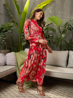 Red Floral Front Button Placket Maxi Dress-SFDRSS12706