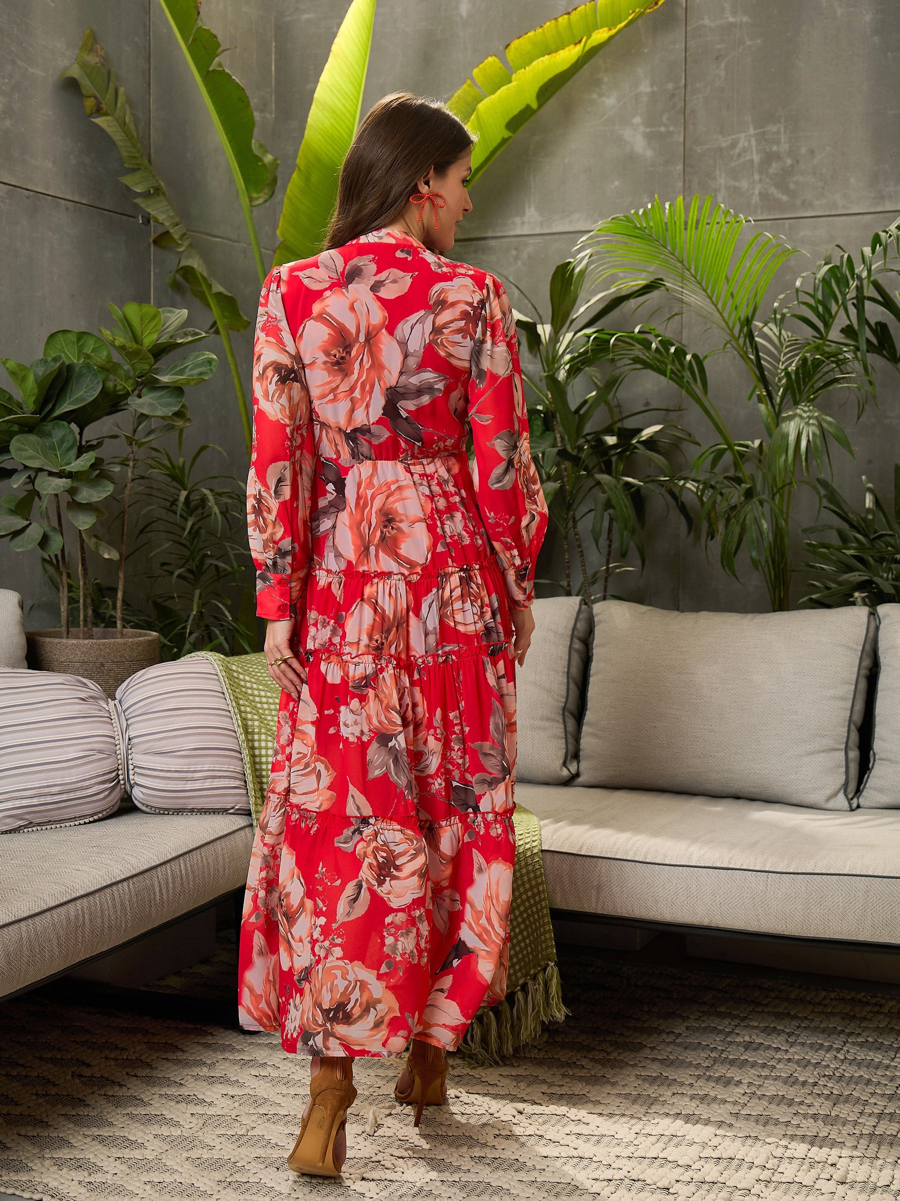 Red Floral Front Button Placket Maxi Dress-SFDRSS12706