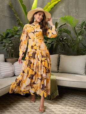 Yellow Floral Front Button Placket Maxi Dress-SFDRSS12707