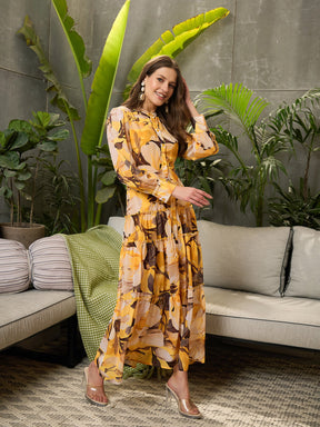 Yellow Floral Front Button Placket Maxi Dress-SFDRSS12707