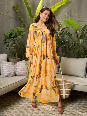 Yellow Floral Elasticated V-Neck Maxi Dress-SFDRSS12708