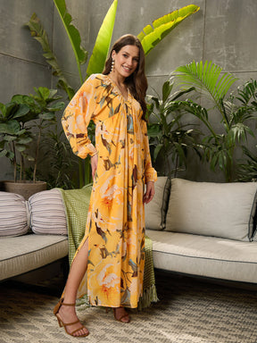 Yellow Floral Elasticated V-Neck Maxi Dress-SFDRSS12708