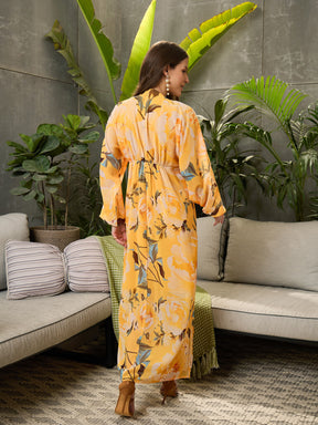 Yellow Floral Elasticated V-Neck Maxi Dress-SFDRSS12708