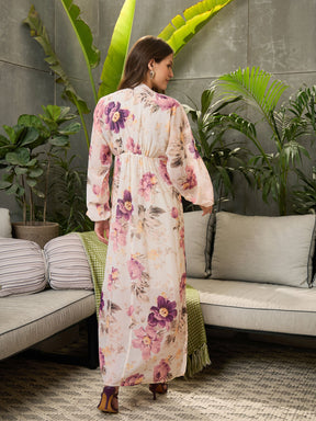 Off-White Floral Elasticated V-Neck Maxi Dress-SFDRSS12709