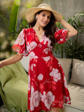 Red Floral Balloon Sleeve Short Dress-SFDRSS12711