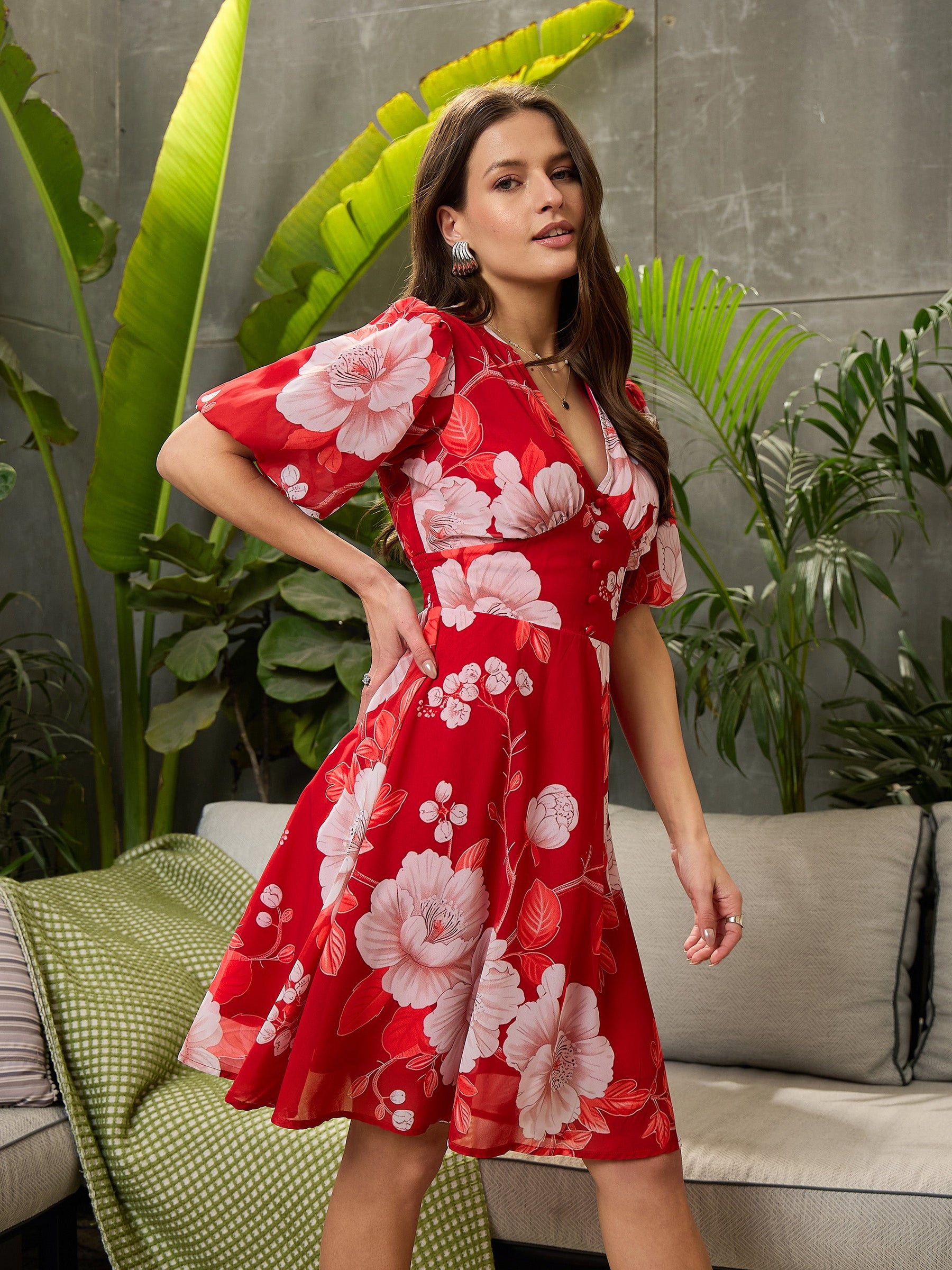 Red Floral Balloon Sleeve Short Dress-SFDRSS12711