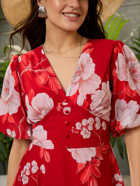 Red Floral Balloon Sleeve Short Dress-SFDRSS12711