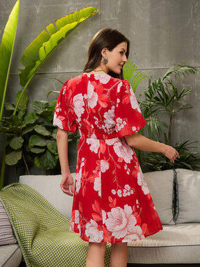 Red Floral Balloon Sleeve Short Dress-SFDRSS12711