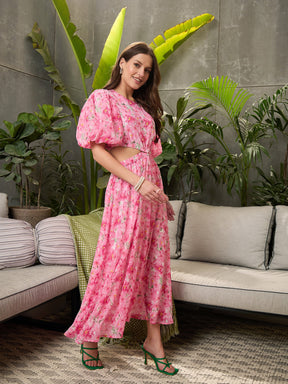 Pink Floral Waist Cut-Out Midi Dress-SFDRSS12718