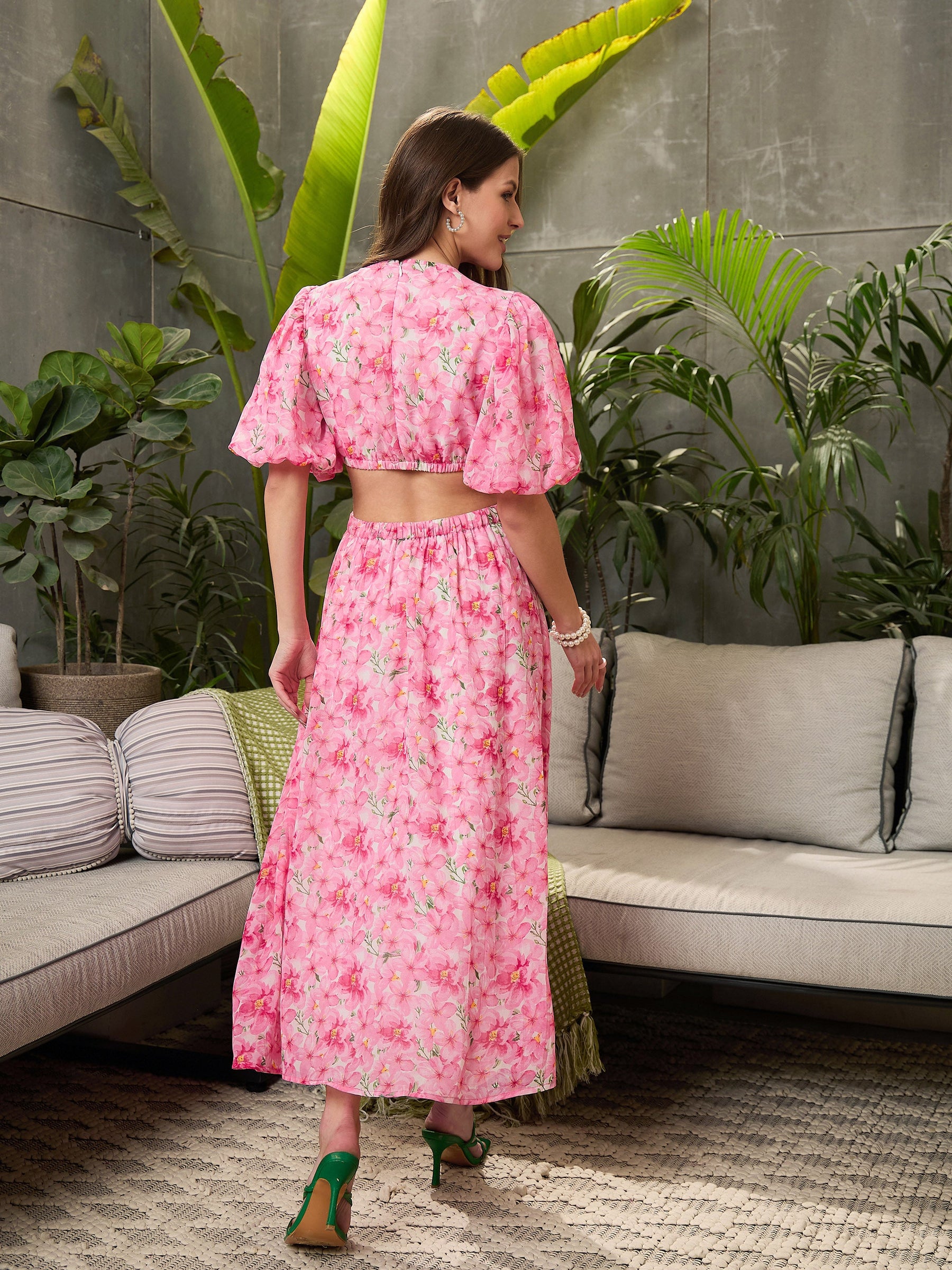 Pink Floral Waist Cut-Out Midi Dress-SFDRSS12718