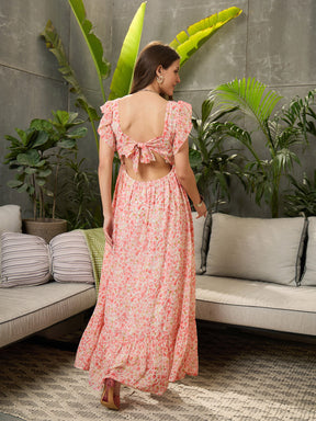 Peach Ditsy Floral Square-Neck Maxi Dress-SFDRSS12722