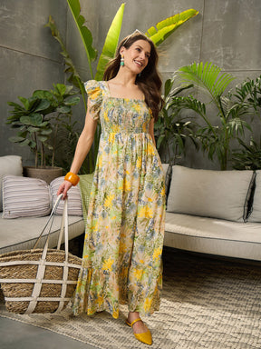 Green Floral Square-Neck Maxi Dress-SFDRSS12723