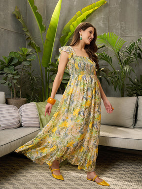 Green Floral Square-Neck Maxi Dress-SFDRSS12723