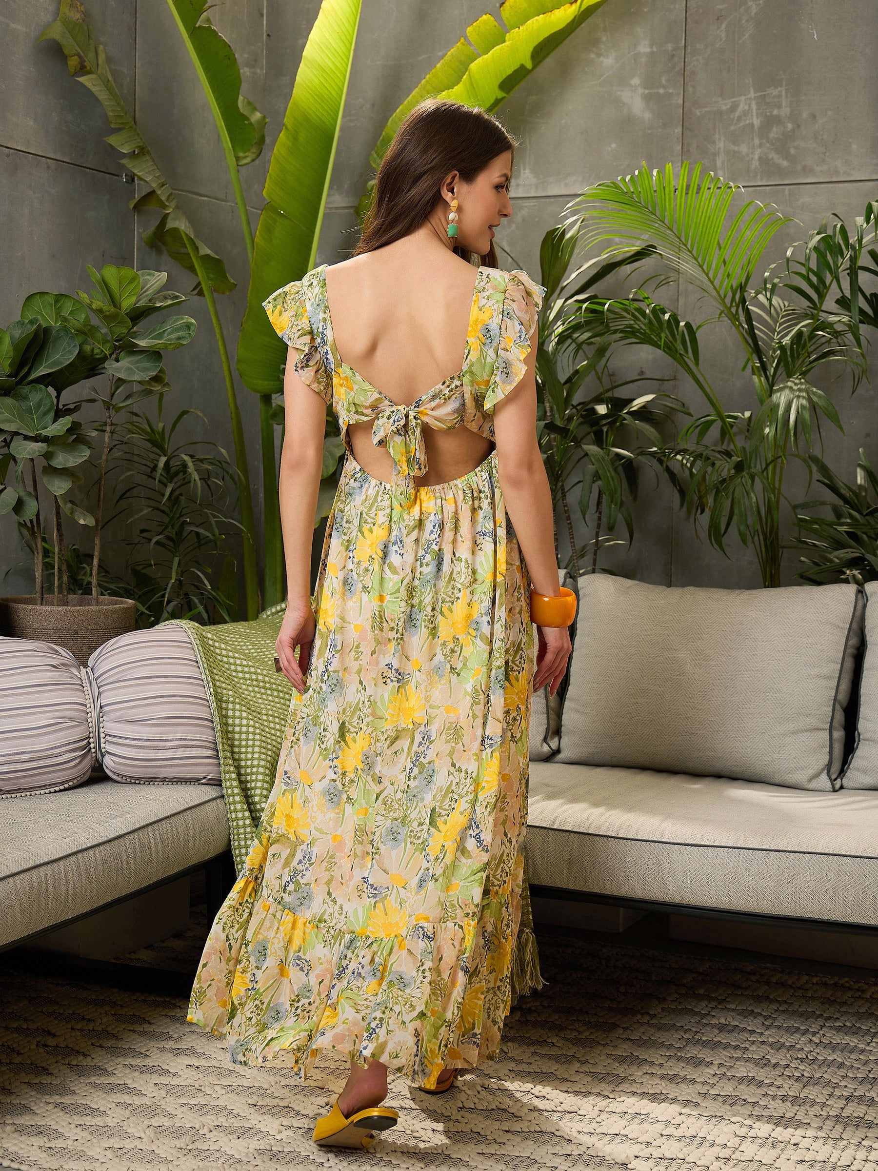 Green Floral Square-Neck Maxi Dress-SFDRSS12723