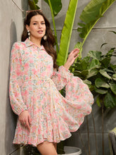 Light Pink Floral Flared Shirt Dress-SFDRSS12725