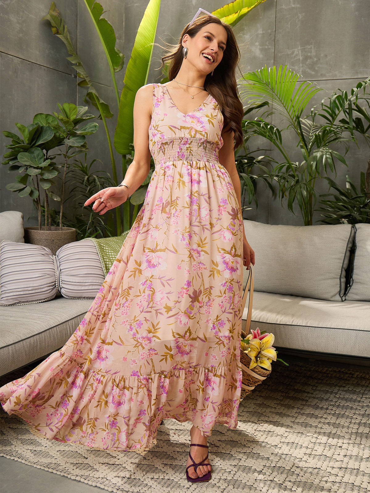 Beige Floral Sleeveless Maxi Dress-SFDRSS12726