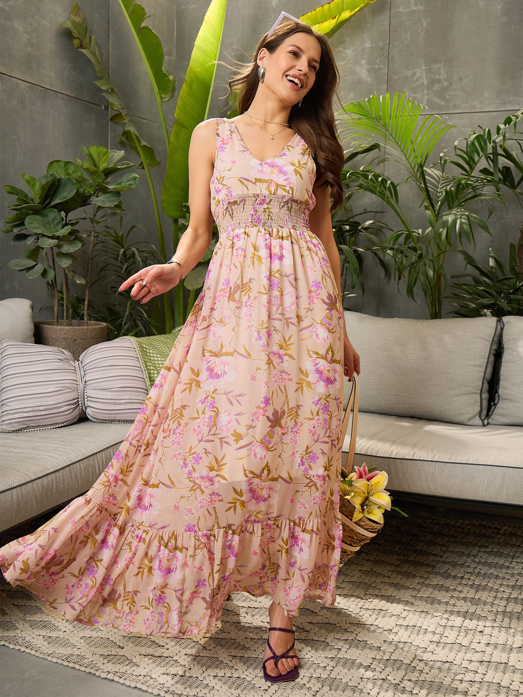 Buy Women Beige Floral Sleeveless Maxi Dress Online at Best Price - Sassafras Buy Women Beige Floral Sleeveless Maxi Dress Online at Best Price - Sassafras